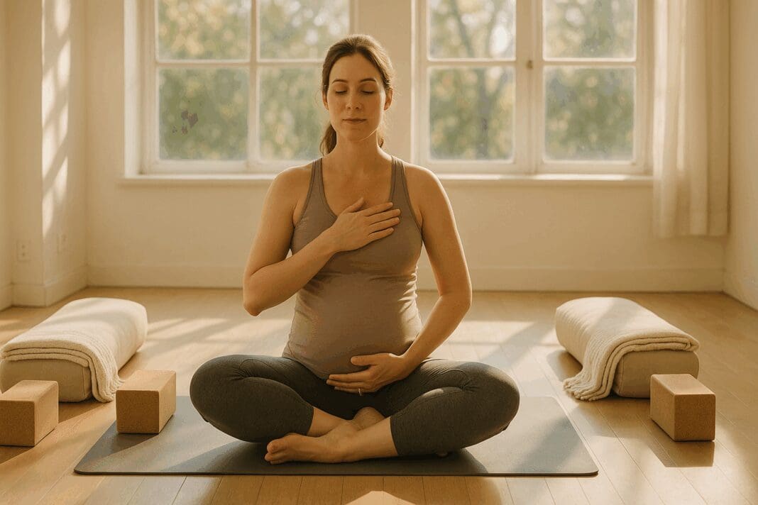 Expecting mother meditating in a sunlit studio during pregnant yoga classes, surrounded by bolsters and blankets.