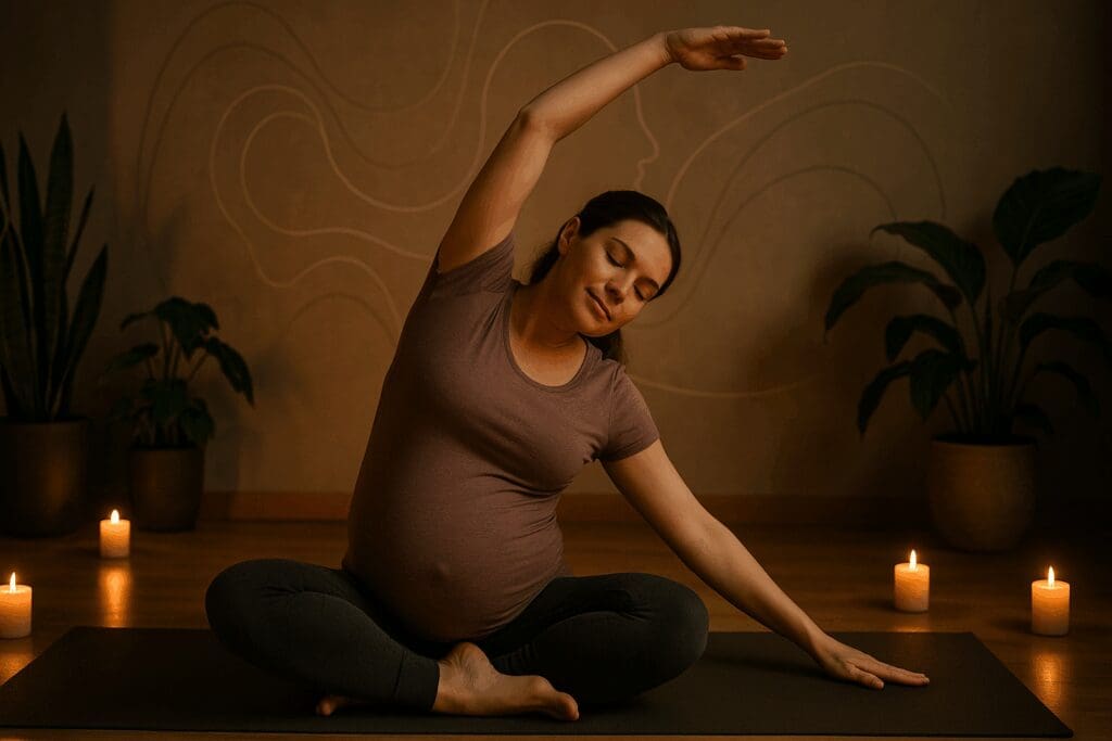 Pregnant woman in third trimester practicing side stretches in a candlelit studio during pregnant yoga classes