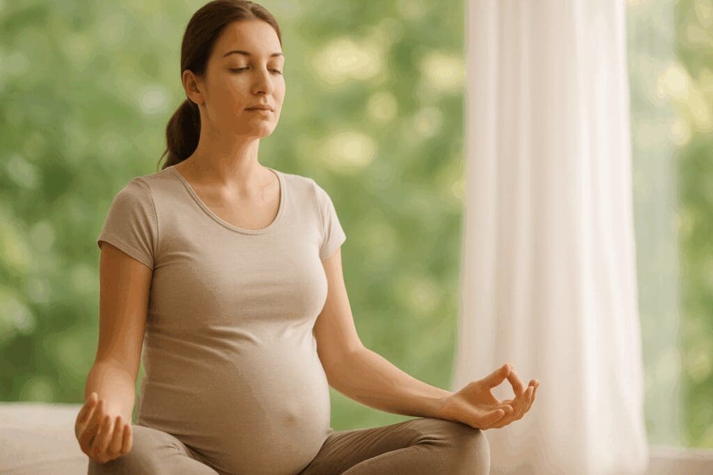 Expecting mother practicing mindfulness in a calm meditation pose, illustrating benefits of pregnant yoga classes for emotional well-being.