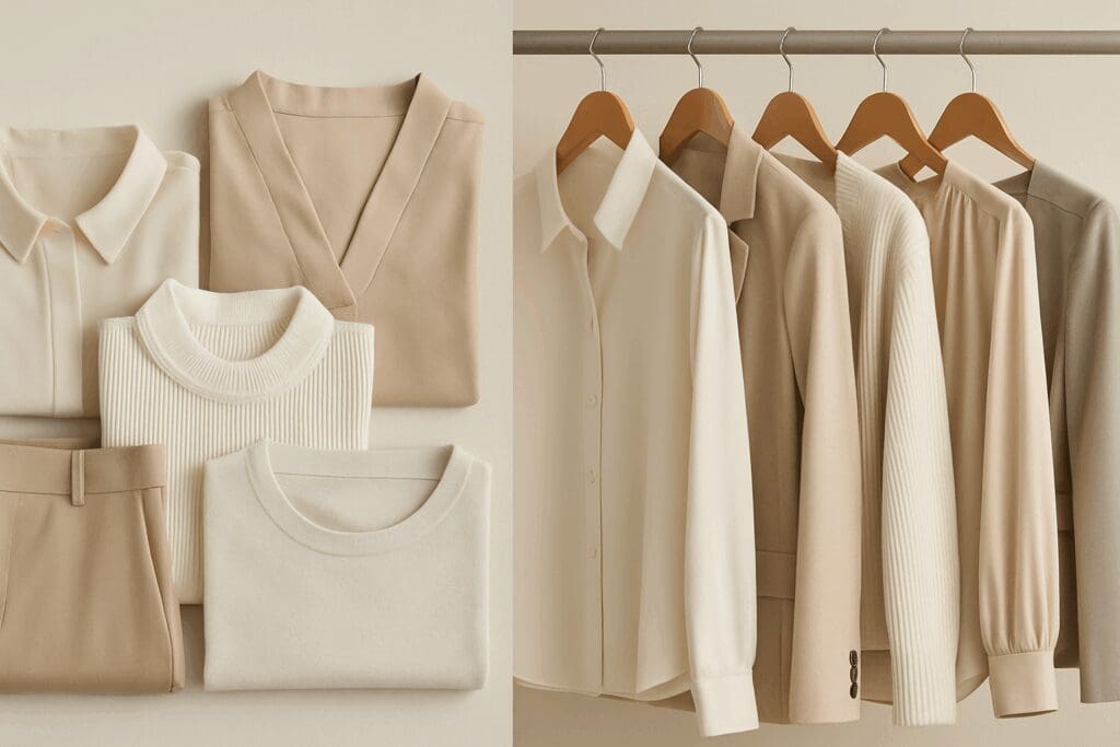 Folded and hanging neutral-toned blouses, knits, and blazers inspired by Nordstrom, Banana Republic, Madewell, and J.Crew aesthetics, showcasing the best stores for work clothes.