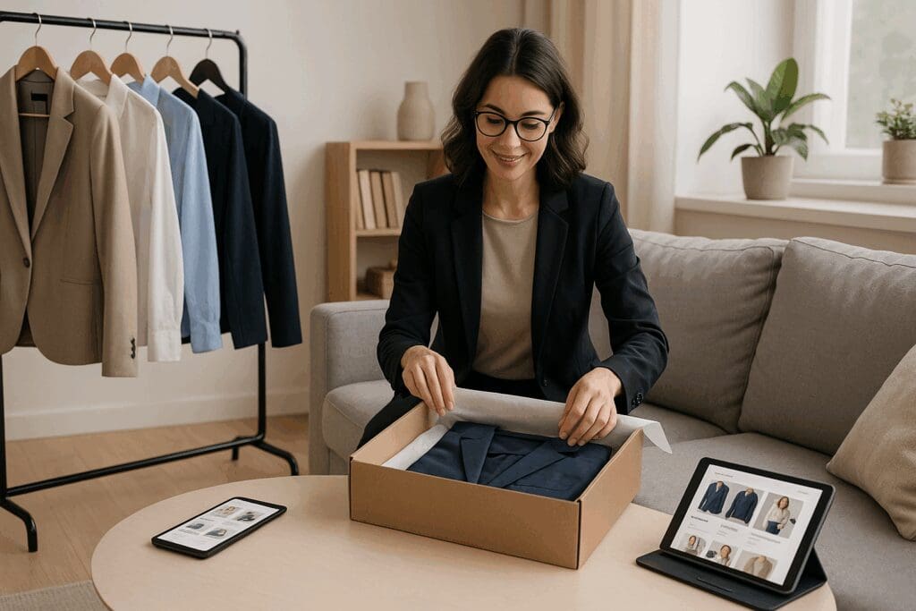 Professional woman unboxing workwear from a subscription service in a modern living room, highlighting best stores for work clothes.
