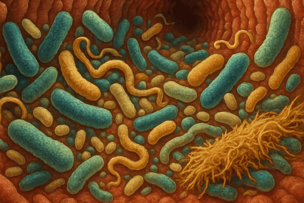 Microscopic view of gut bacteria breaking down fiber in the colon, illustrating what is the primary function of the large intestine.