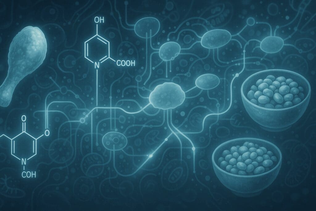 Biochemical illustration showing how niacin vitamin B6 interact in cellular metabolism with poultry and legumes connected by glowing molecular pathways.