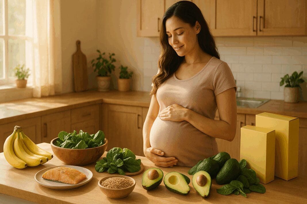 Pregnant woman cradling her belly in a sunlit kitchen surrounded by foods rich in niacin vitamin b6 like bananas, salmon, avocados, lentils, and leafy greens.