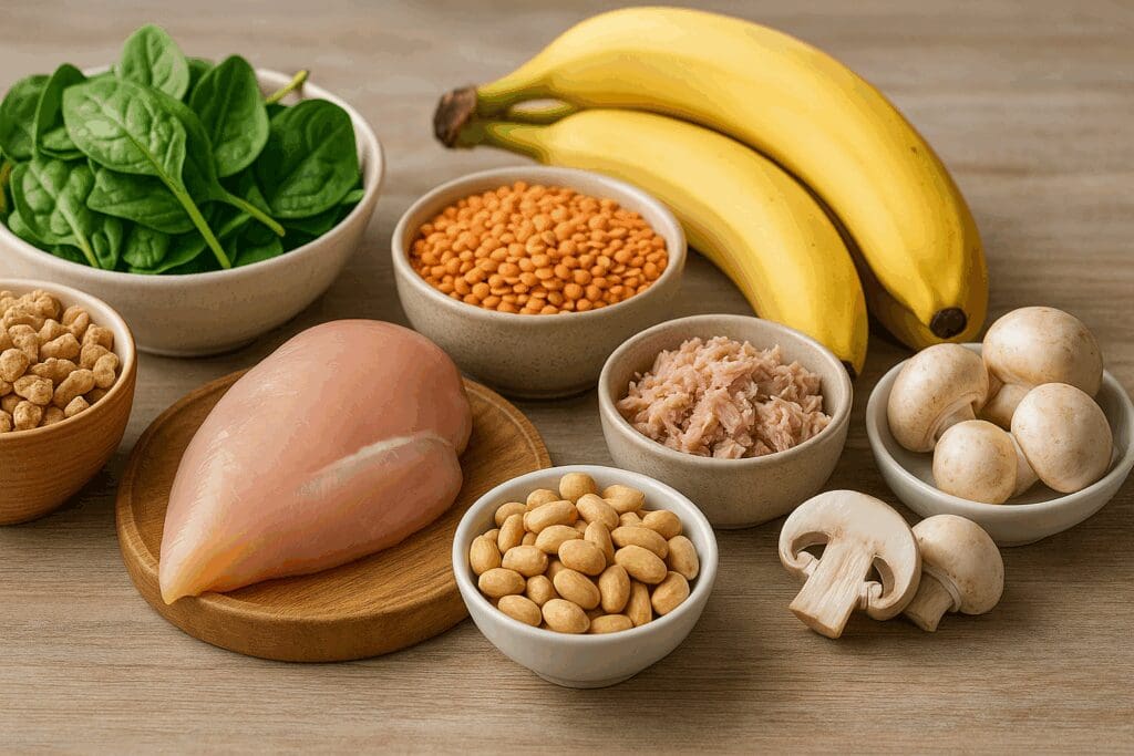 Flat-lay of niacin vitamin B6 foods including chicken breast, tuna, bananas, spinach, lentils, mushrooms, peanuts, and fortified cereal in a kitchen setting.