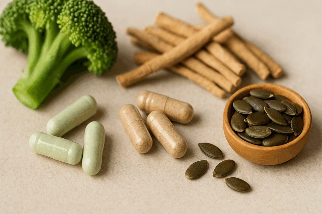 Natural menopause supplements for weight loss shown as capsules beside broccoli, ashwagandha roots, and magnesium-rich seeds.