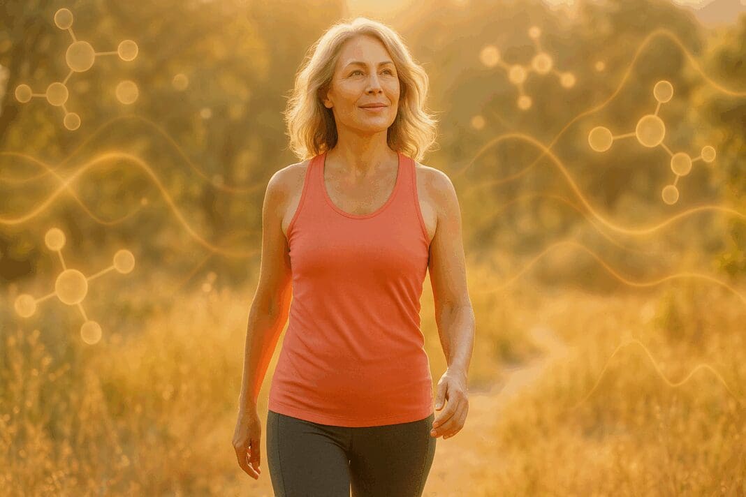 Confident middle-aged woman walking in nature at sunset, symbolizing vitality and balance supported by menopause supplements for weight loss
