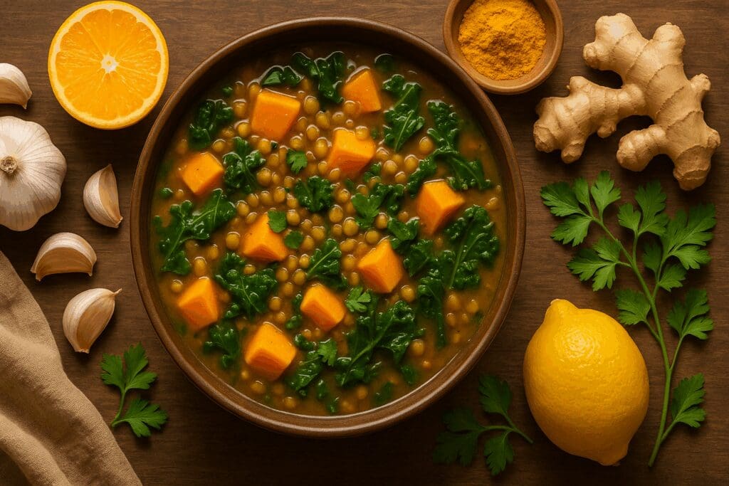 Hearty lentil and sweet potato stew with kale, turmeric, garlic, and citrus—perfect for immune-boosting vegan main meals.