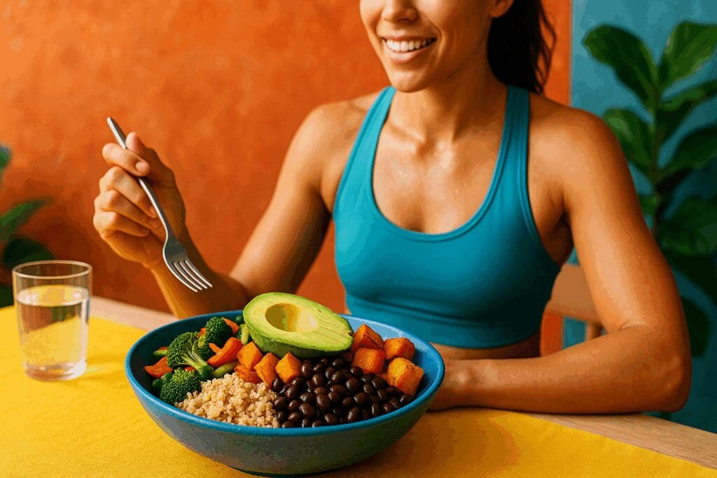 Woman in workout clothes smiling over a colorful quinoa bowl with avocado, black beans, and roasted veggies, representing vegan main meals.