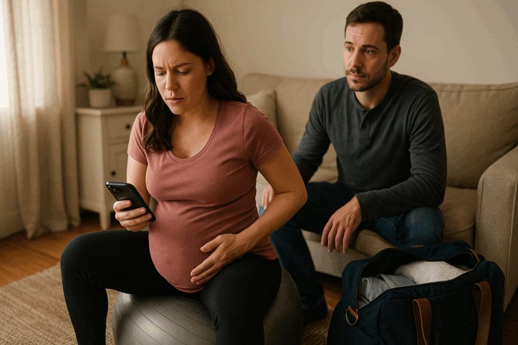 First-time mom timing contractions on a phone while sitting on a birth ball with partner nearby, preparing for when do most first time moms go into labor