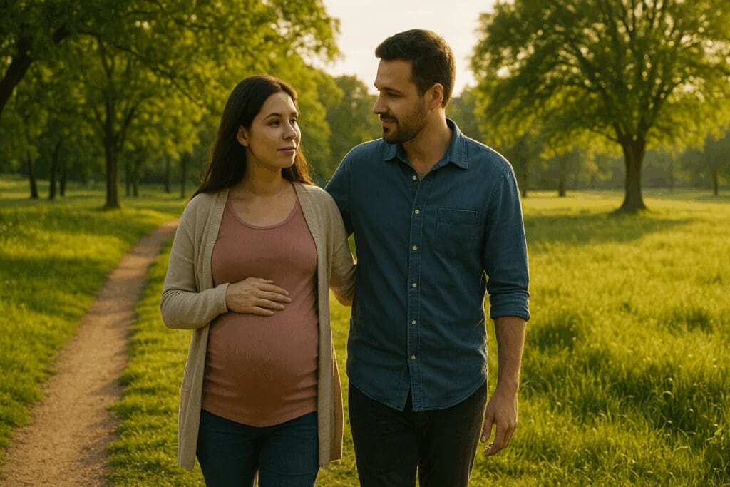 Late-term pregnant woman walking with her partner through a sunny park, illustrating when do most first time moms go into labor.