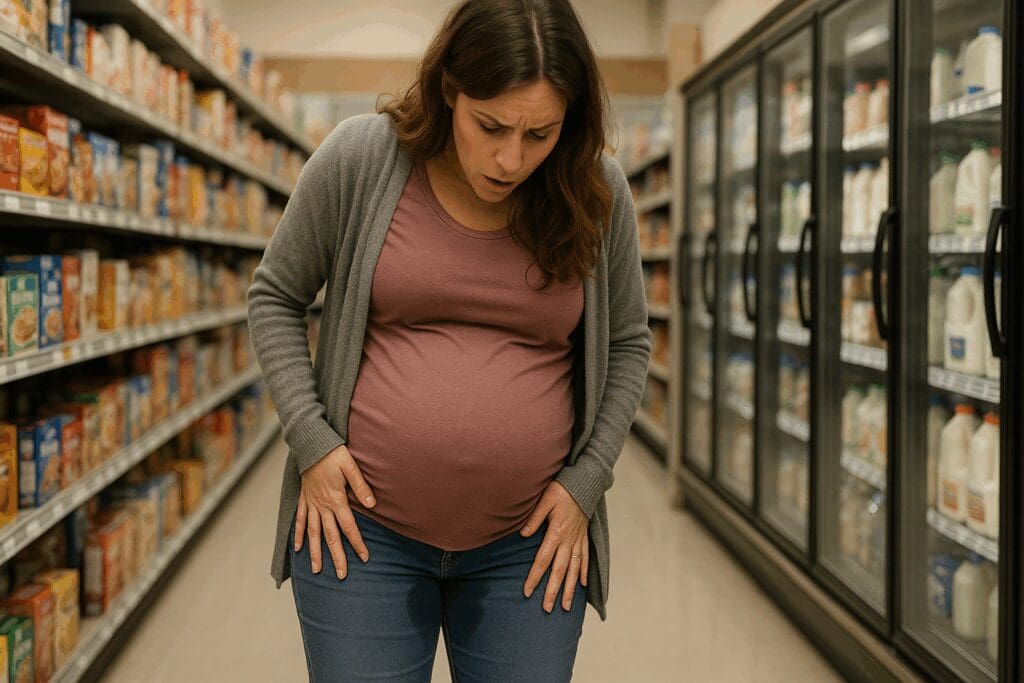 Pregnant woman pausing in a grocery aisle with a surprised look and wet patch on her jeans, illustrating when your water broke but no contractions start