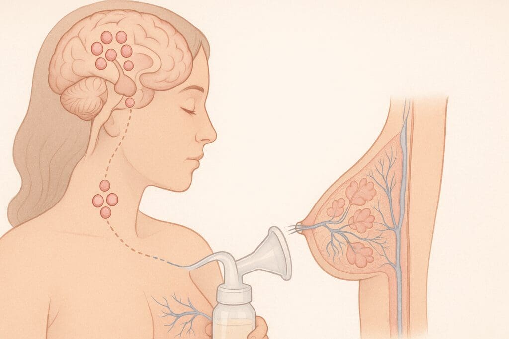 Hormonal and neurological diagram showing oxytocin and prolactin release during breast pumping, explaining why does pumping make me tired