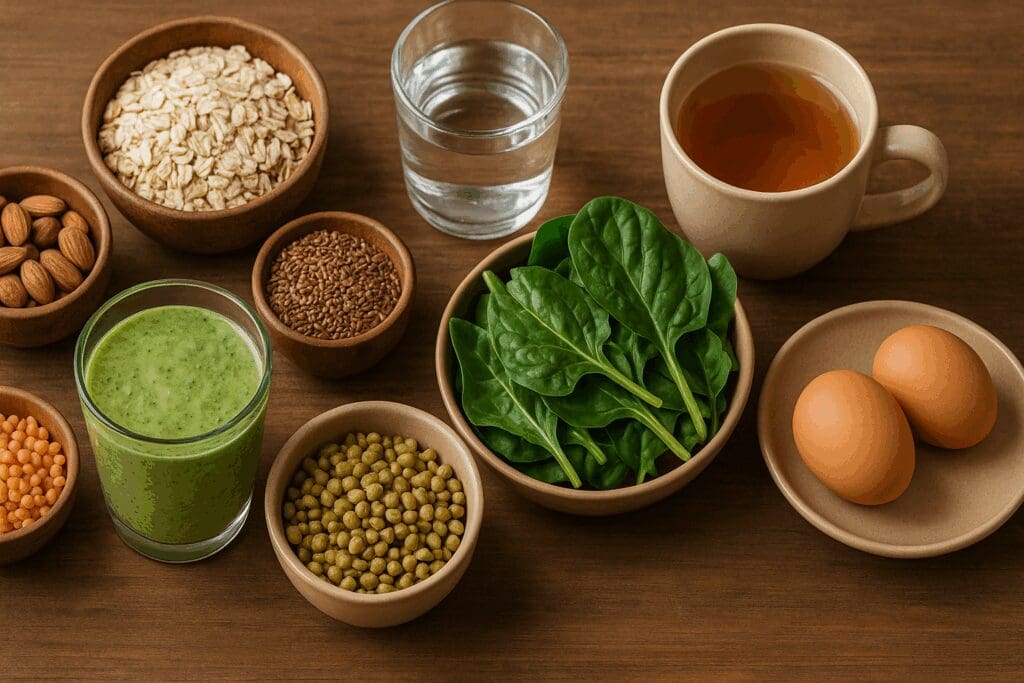 Lactation-friendly foods like oats, flaxseeds, leafy greens, and eggs arranged on a wooden table to support moms asking why is my milk supply decreasing