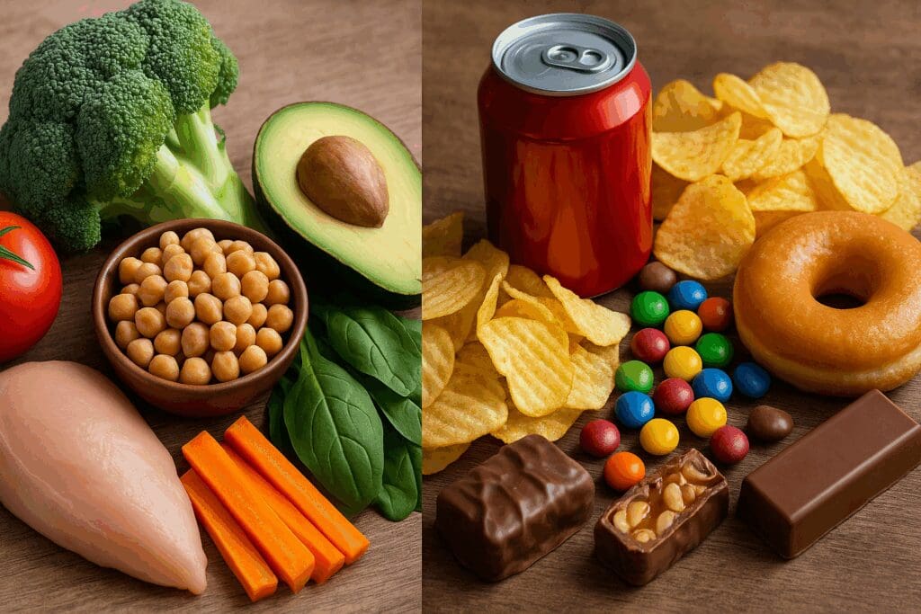 Split-screen showing whole foods like chicken, vegetables, and legumes next to processed snacks, illustrating how food quality affects weight—will eating less make you lose weight?