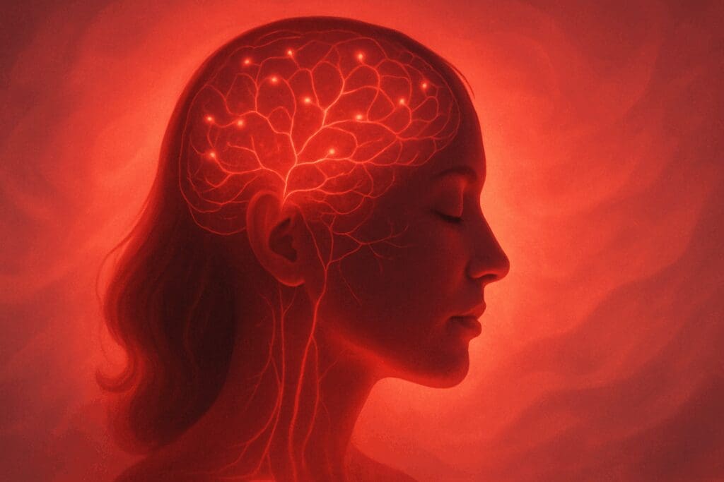 Woman’s face illuminated by red and near-infrared light showing brain pathways, visualizing how to use face light therapy for mental wellness