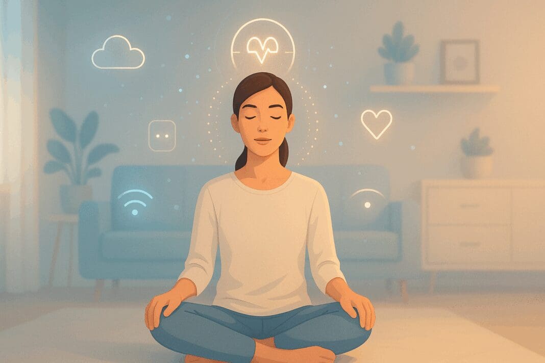 Person meditating calmly in a tech-inspired living room with floating wellness icons, visualizing benefits of a 3 minute mindfulness app