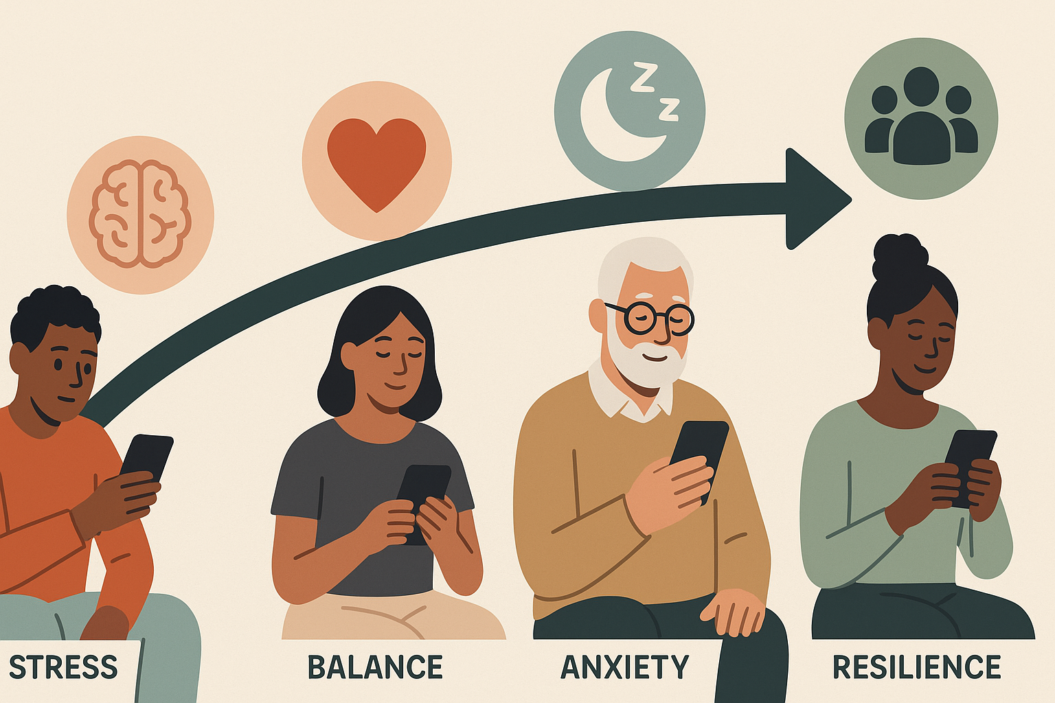 Diverse people using the 3 minute mindfulness app on smartphones along a visual arc from stress to resilience, with icons for brain, heart, sleep, and community.