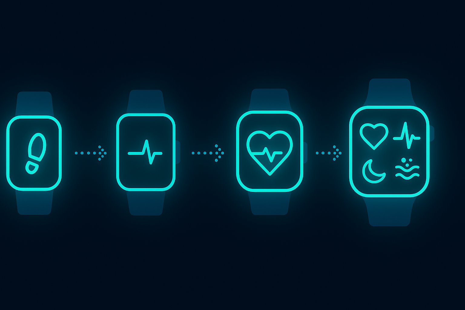 Timeline showing the evolution of smartwatch and health features from pedometer to heart, ECG, sleep, and stress tracking