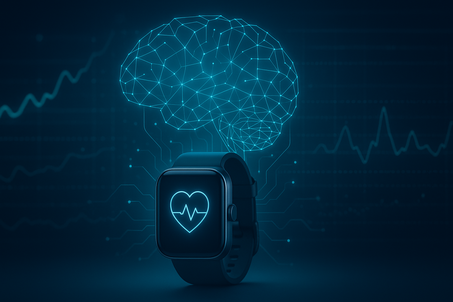 Futuristic smartwatch and health interface with glowing neural network and biometric data visualizations in the background