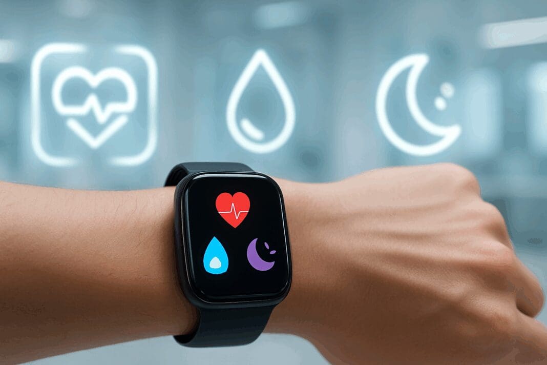 Futuristic 3 plus smart watch on wrist displaying glowing icons for heart rate, oxygen level, and sleep data in a high-tech setting