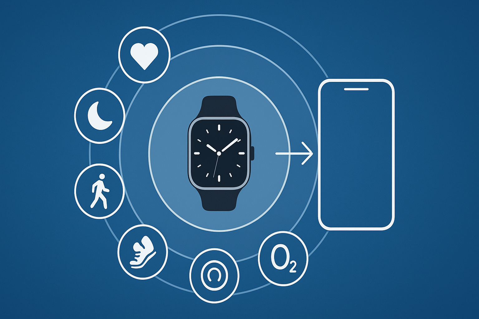 Diagram showing the 3 plus smart watch at the center of a connected health ecosystem with icons for heart rate, sleep, steps, oxygen, stress, and mobile sync
